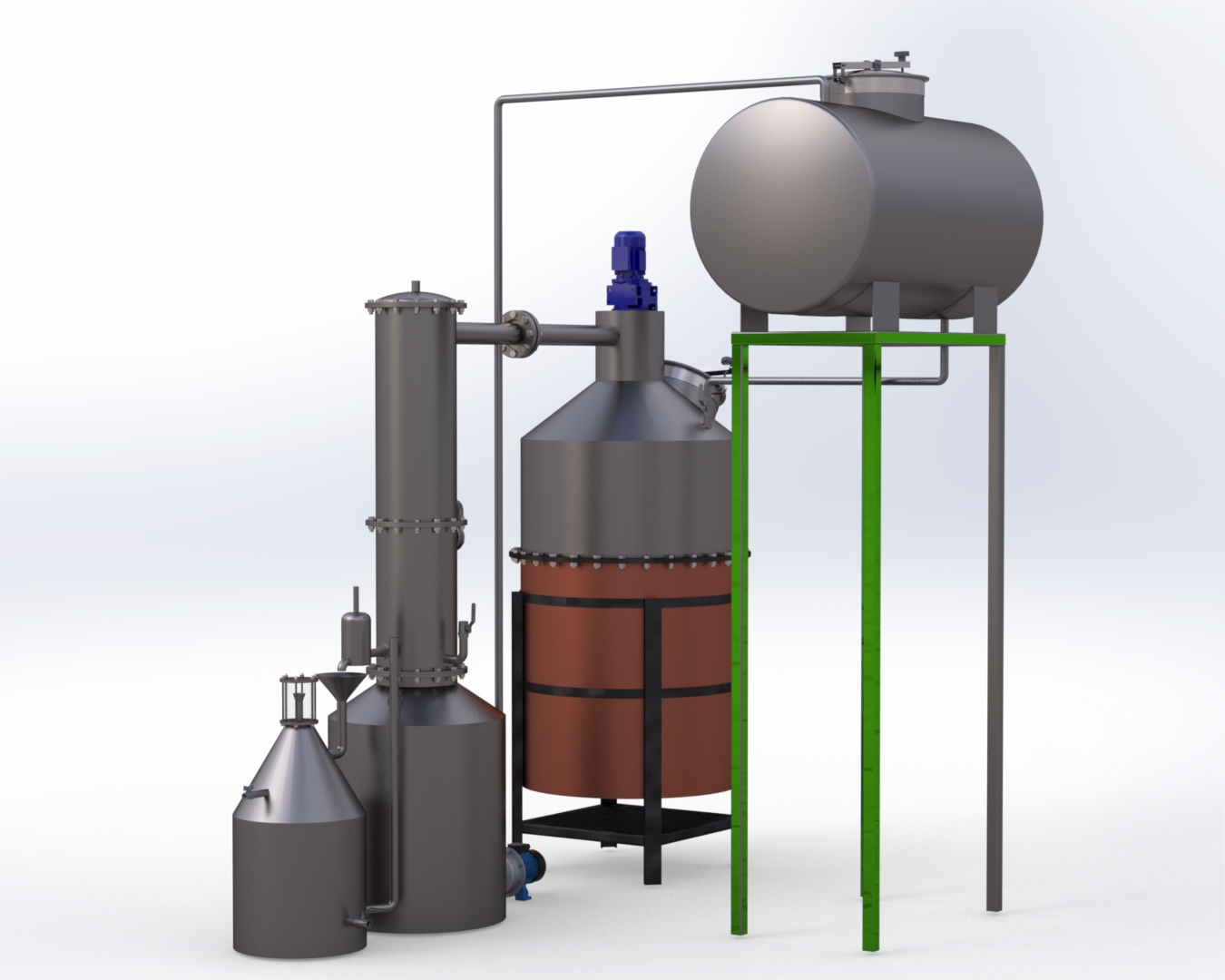 3D design of a solid-fuel hydro distillation unit with water tank and condenser
