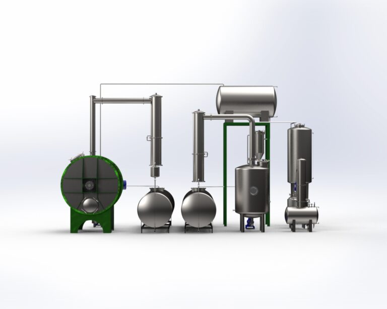 Diseño 3D de un sistema de extracción rotativa con evaporador y depósitos.