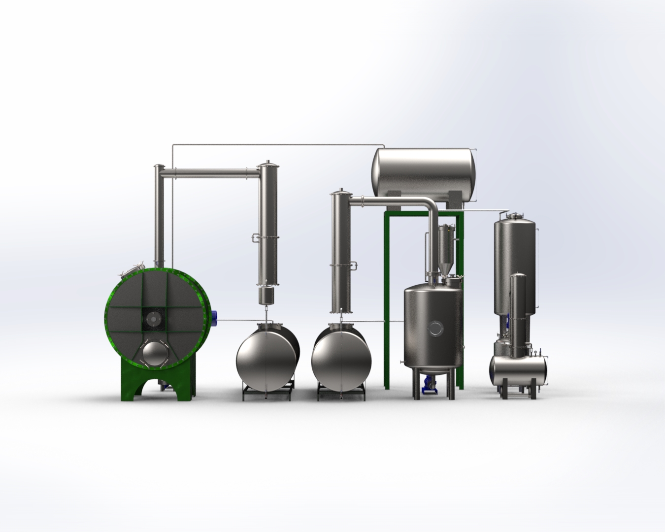 Diseño 3D de un sistema de extracción rotativa con evaporador y depósitos.