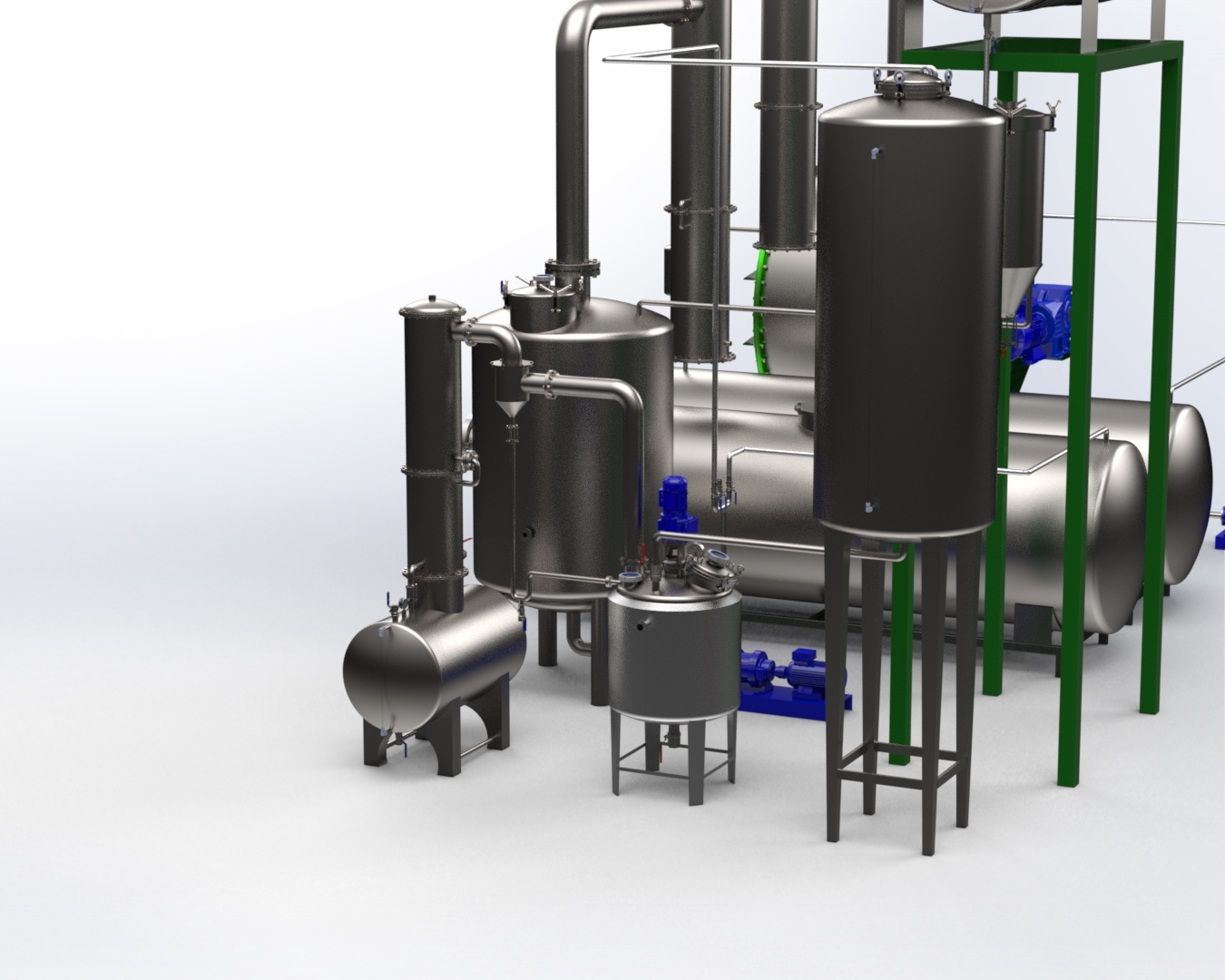 Diseño 3D de una planta de extracción rotativa con condensadores y tanques.