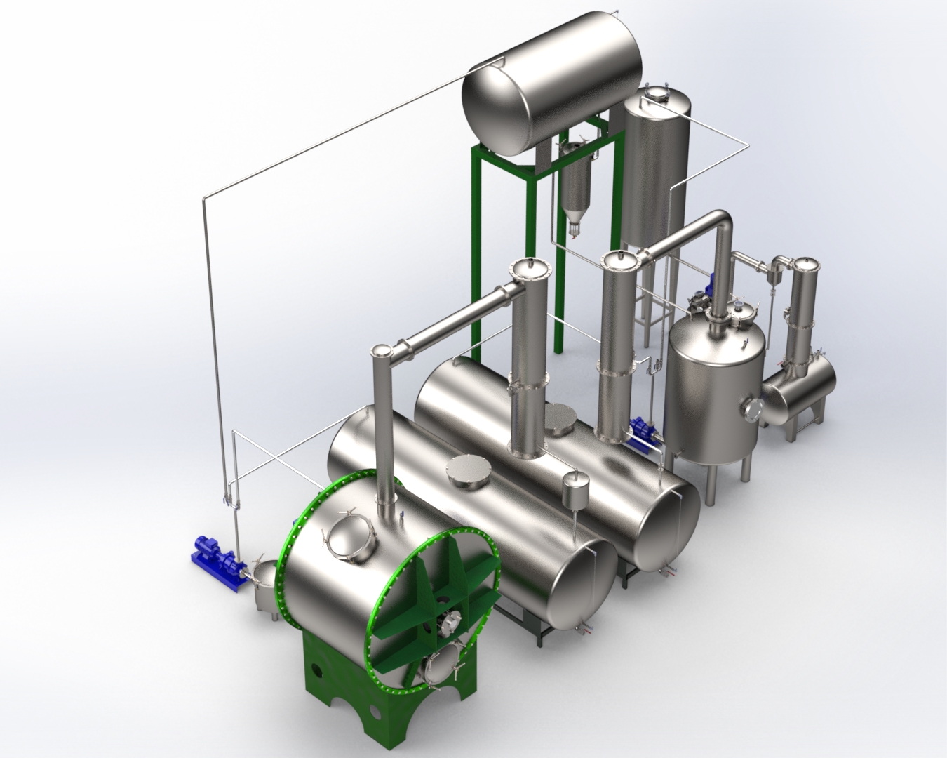 Diseño 3D de un tambor extractor rotatorio con motor de accionamiento y evaporador.
